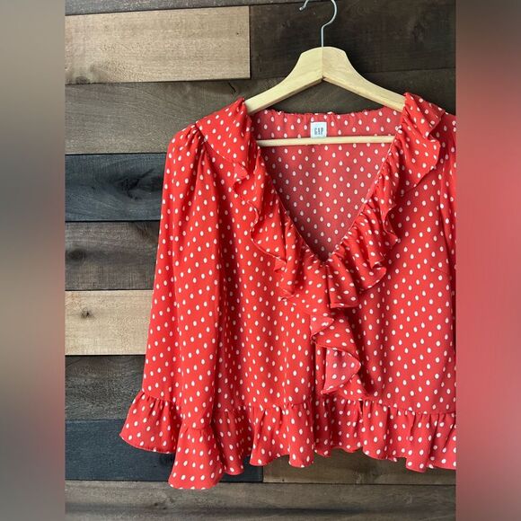 Modern Gap Red & Off White Polka Dot Ruffled Tie Front Blouse - Picture 12 of 14